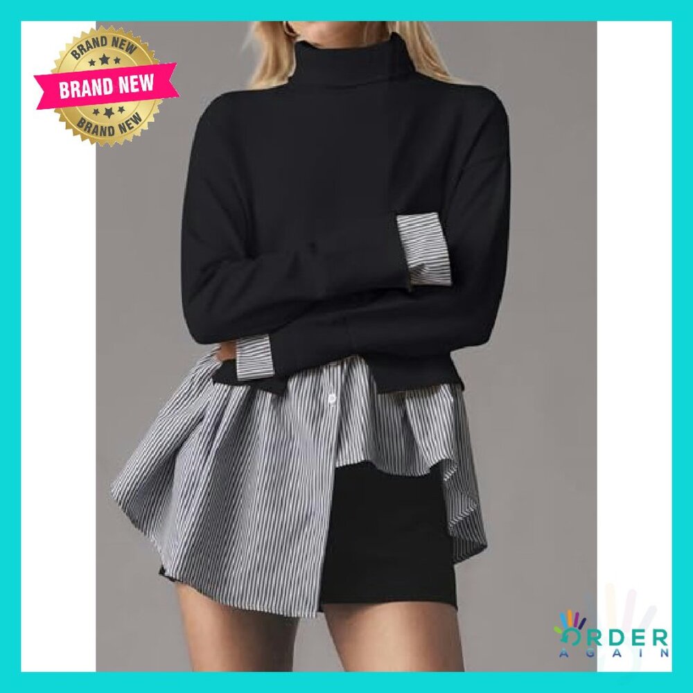 Slit Turtleneck Patchwork Sweater Asymmetrical He… - image 4